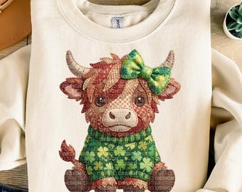 St Patricks Highland Cow PNG, Faux Patchwork Highland Cow Clipart, Lucky Cow Digital Download, Cute Farm Animal PNG, Shamrock Cow Art