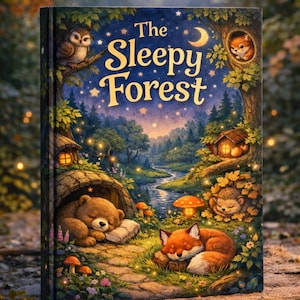 Può includere: Un libro con copertina rigida intitolato "The Sleepy Forest" con un'illustrazione stravagante. La copertina raffigura una scena della foresta con un orso, una volpe e un riccio che dormono. Un gufo e un cucciolo di volpe sono appollaiati sugli alberi. Lo sfondo presenta un fiume e luci.
