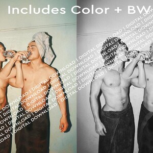 May include: A digital download image featuring two shirtless individuals, each wrapped in a towel and drinking from a clear bottle. The image includes a color version and a black and white version. The text "Includes Color + BW" is visible.