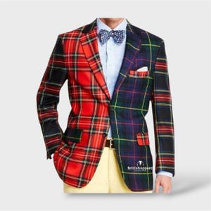 May include: A blazer featuring a split design with a red tartan pattern on the left side and a blue, green, and red tartan pattern on the right side. It includes a light blue button-down shirt, a matching tartan bowtie, and yellow trousers.