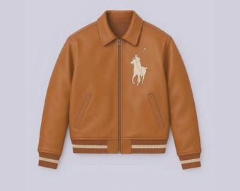 Brown Leather Bomber Jacket With Embroidered Horse Logo Ribbed Trim Men Varsity Coat