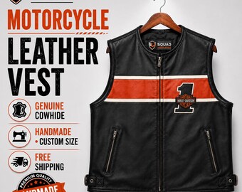Men's Black Leather Motorcycle Vest | Genuine Cowhide Biker Vest | Vintage Riding Waistcoat | Handmade