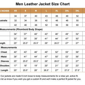 May include: A size chart for men's leather jackets, displaying measurements in inches. Includes US, UK/Australia, and EU sizes, along with body and jacket measurements such as chest, waist, arm length, and jacket length. The chart provides sizes from XS to 4XL.