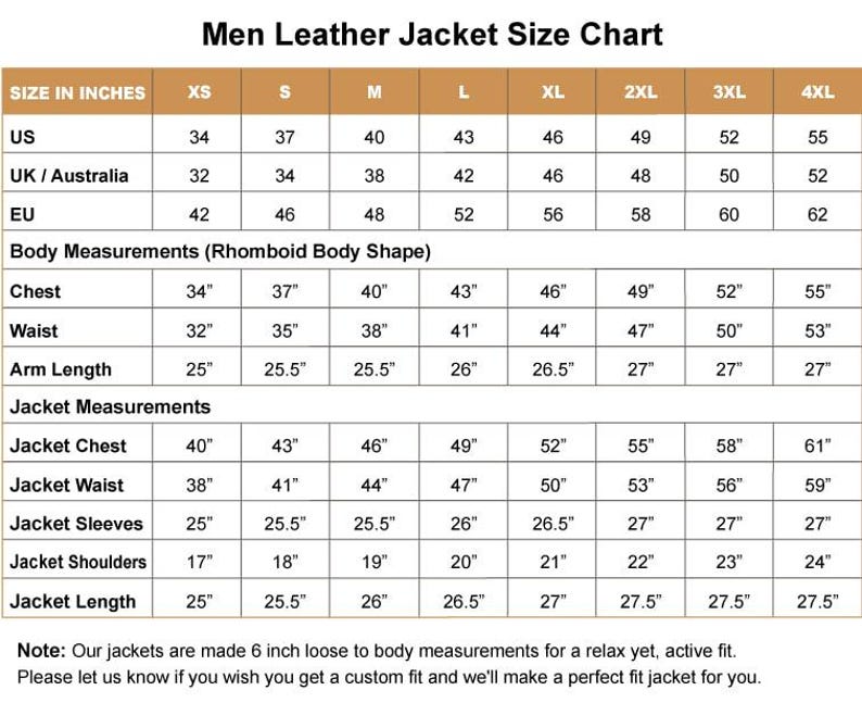 May include: A size chart for men's leather jackets, displaying measurements in inches. Includes US, UK/Australia, and EU sizes, along with body and jacket measurements such as chest, waist, arm length, and jacket length. The chart provides sizes from XS to 4XL.