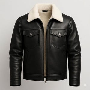 Puede incluir: Chaqueta de cuero negro con cuello y forro de borrego color crema. La chaqueta tiene dos bolsillos en el pecho con cierre de botón y cremallera frontal. Una prenda de abrigo clásica.