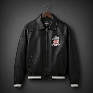 Vintage Avirex Black Leather Bomber Jacket – American Flag Patch Flight Coat