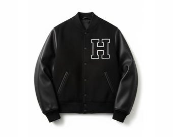 Men's Black Wool Varsity Jacket with Faux Leather Sleeves, Embroidered H Bomber