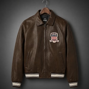 Vintage Avirex Brown Leather Bomber Jacket: American Flag Patch Flight Coat