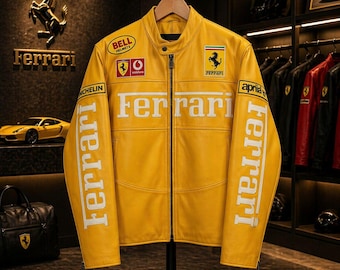 Yellow Ferrari Leather Racing Jacket - Vintage F1 Biker Jacket - Embroidered Patchwork Streetwear