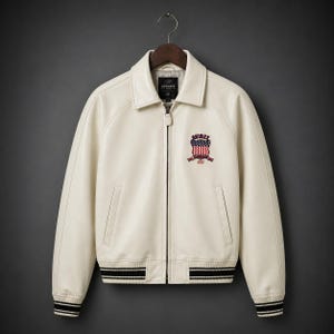 May include: Cream-colored leather jacket with a zip-up front and a collared neckline. Features a patch on the chest with a red, white, and blue emblem. The jacket has black and white striped cuffs and hem. The brand name "AVIREX" is visible.