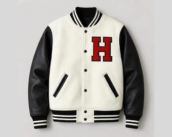 Off White Wool Varsity Jacket, Black Leather Sleeves, Embroidered H Patch Bomber