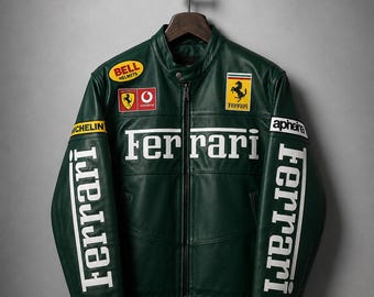 Handmade Green Ferrari Racing Leather Jacket | Vintage F1 Motorsport Biker Jacket Streetwear Men & Women