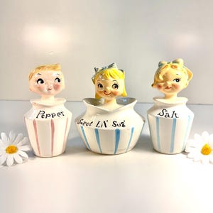 Vintage Lefton Pixieware Sugar Bowl + Salt & Pepper Shakers Set of 3 – Made in Japan MCM Ceramic Kitschy Blonde Pixie Set, HTF Collectible
