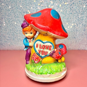 Rare Vintage Holiday Fair 1960s Mushroom Pixie Elf Music Box Decor, Whimsical Made In Japan Retro Collectible
