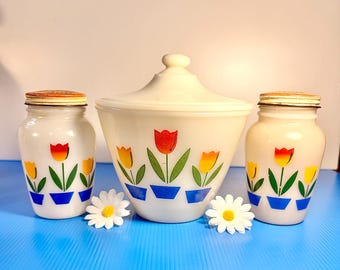 Complete Vintage Fire King Tulip Nesting Mixing Bowl Set 1940s Mid