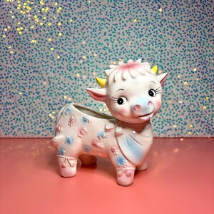 Vintage 1950s Baby Cow Ceramic Planter, A.P.I. Made in Japan, Floral Details, Kitschy Cute