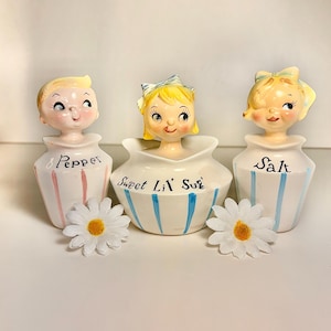 Vintage Lefton Pixieware Sugar Bowl + Salt & Pepper Shakers Set of 3 – Made in Japan MCM Ceramic Kitschy Blonde Pixie Set, HTF Collectible