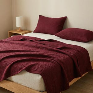 Peut inclure: Un lit avec une couverture bordeaux et des oreillers assortis. Le lit a un matelas de couleur claire et un cadre en bois. Une petite lampe est posée sur une table de chevet en bois. La pièce a une palette de couleurs neutres.