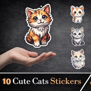 Può includere: Una collezione di dieci adesivi di gatti carini in varie pose e colori, tra cui arancione, grigio e bianco. Gli adesivi hanno uno stile cartone animato con grandi occhi e pelliccia soffice. L'immagine include anche il testo "10 Cute Cats Stickers".