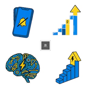 Può includere: Illustrazioni digitali con uno smartphone blu con una campana sbarrata, un cervello con un fulmine e grafici con frecce verso l'alto. Le illustrazioni utilizzano blu, giallo e bianco.