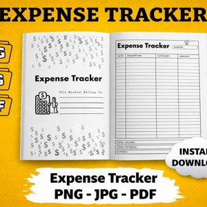 Può includere: Un taccuino per il monitoraggio delle spese aperto con il titolo "Expense Tracker" e una penna su sfondo giallo. Il taccuino ha sezioni per la registrazione delle spese. L'immagine include anche il testo "PNG - JPG - PDF" e "Download istantaneo".