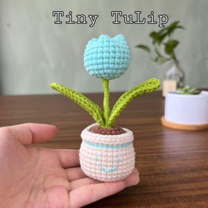 May include: A crocheted miniature tulip in a small pot. The flower is light blue, with green leaves and stem. The pot is white with a blue stripe and a smiling face. The text "Tiny Tulip" is above the flower.
