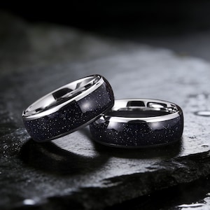 Silver Nebula Blue Sandstone Ring Silver Polished Tungsten Wedding Ring Gold Silver Black Ring Outer Space Mens Ring Men & Women
