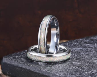 Band gebroken wit vuuropaal, zilveren wolfraam trouwring, gepolijst, koepel, comfortabele pasvorm, unieke ring, heren damesring