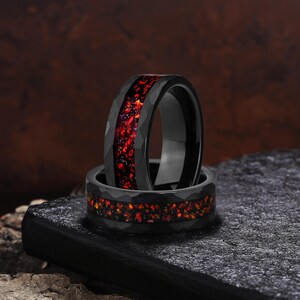 Black Hammered Tungsten Ring, Meteorite Red Opal Inlay Wedding Band