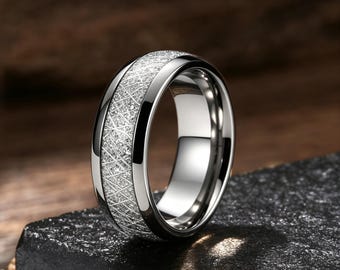 Zilveren wolfraam trouwring met meteoriet, 4 mm/6 mm/8 mm bolvormig, meteorietinleg, comfortabele pasvorm, gepolijst, bolvormig