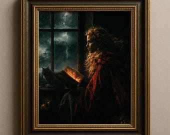 Scarlet Witch Wall Art, Woman With Cat Wicca Decor, Mystical Gothic Print
