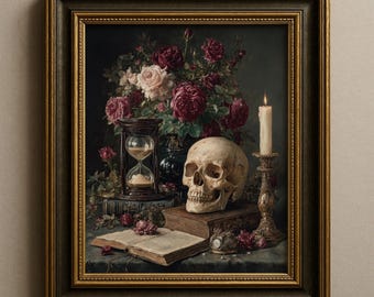 Art Momento Mori, impression de tête de mort et de roses, affiche florale vintage, décoration d'intérieur gothique