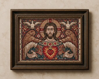 Sacred Heart of Jesus Mosaic Print, Byzantine Christian Wall Art, Vintage Religious Prints
