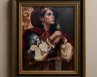Illustration de guerrière, estampe de chevalière, princesse et épée arthurienne, décoration médiévale fantastique