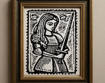 Medieval Woodcut Art, Lady Knight Print, Folklore Gothic Decor