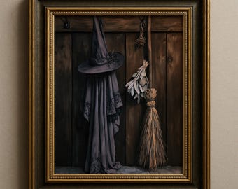 Witch Hat, Cloak and Broom Print, Moody Halloween Art, Witchy Wall Decor