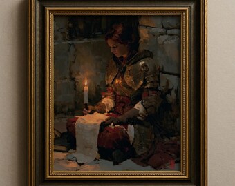 Kvinnlig riddaremålning, krigare med skriftrulle, medeltida väggkonsttryck, gotisk fantasidekor