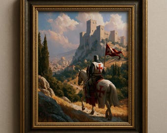 Crusader Knight And Castle Art Print, Templar Quest Christian Art, Medieval Decor
