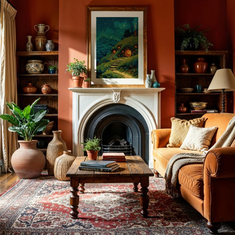 Peut inclure: Un salon avec un canap&eacute; orange br&ucirc;l&eacute; agr&eacute;ment&eacute; de coussins textur&eacute;s, une table basse en bois avec des livres et une chemin&eacute;e surmont&eacute;e d'une impression paysag&egrave;re encadr&eacute;e. Deux biblioth&egrave;ques en bois entourent la chemin&eacute;e, remplies de vases en c&eacute;ramique.