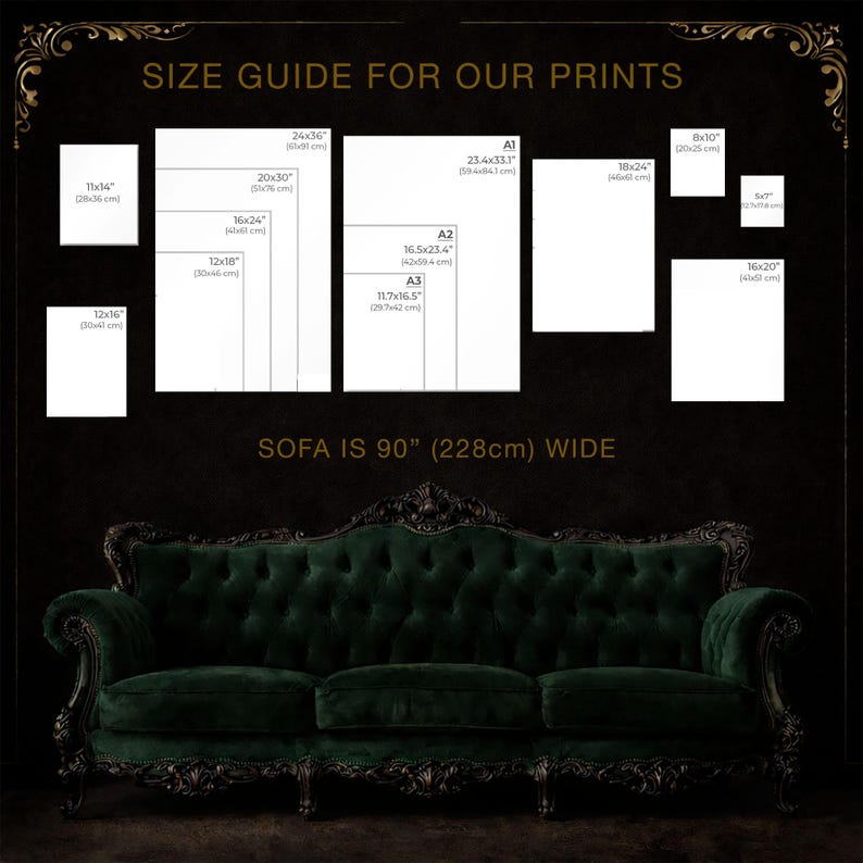 Peut inclure: Un guide des tailles pour impressions pr&eacute;sentant diverses dimensions de papier blanc rectangulaire en pouces et centim&egrave;tres, incluant 5x7, 8x10, 11x14, 12x16, 12x18, 16x20, 16x24, 18x24, 20x30, 24x36, A3, A2 et A1, au-dessus d'un canap&eacute; vert fonc&eacute; capitonn&eacute;.