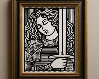 Woman With Sword Woodcut Medieval Art, Fantasy Etching Prints, Female Empowerment Decor