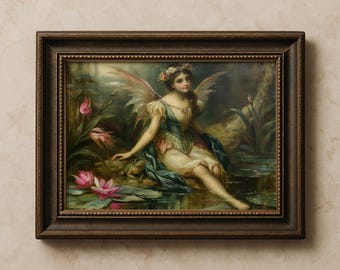 Vintage Fairy Pond Art Print, Frog With Water Lillies Nymph Faerie, Fantasy Fairytale Decor