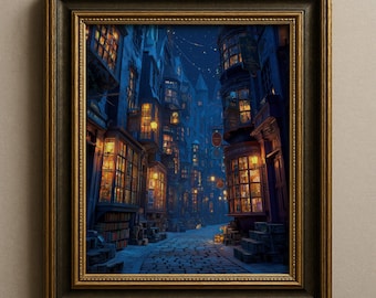 May include: A framed wall art print depicting a narrow, cobblestone street at night lined with multi-story buildings. The structures feature glowing, warm-lit windows and storefronts, contrasting with the deep blue, shadowed atmosphere of the scene.