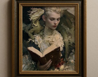 Woman Reading With Dragon Wall Art, Gothic Book Nook Decor, Fantasy Reader Print