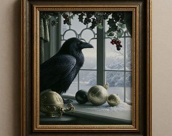 Christmas Raven Wall Art, Gothic Bird At  Window Print, Gothmas Festive Decor