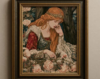 Sleeping Beauty Art, Tapestry Style Medieval Print, Fairytale Storybook Decor