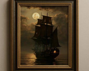 Décoration murale représentant un navire fantôme, style gothique nautique, avec une touche marine côtière.