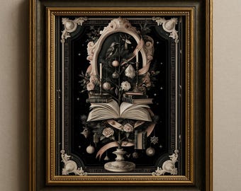 Festive Dark Botanical Art, Gothic Christmas Print, Reading Nook Decor