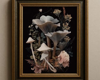 Dark Botanical Mushroom Art Print, Dark Academia Fungi Poster, Psychedelic Decor