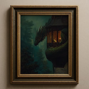 Könnte beinhalten: Gerahmter Fantasy-Kunstdruck mit einem Drachen, der einen Turm mit einer lesenden Person überblickt. Das Kunstwerk hat eine dunkle Farbpalette mit einem Waldboden und einem goldfarbenen Rahmen.